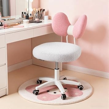 Pink Vanity Chair with Wheels, Cute Teddy Fleece Kids Desk Chair with Back, Height Adjustable Swivel Dressing Table Chair, Compact Make-Up Chair for Girls Bedroom, Kids Room, Living Room