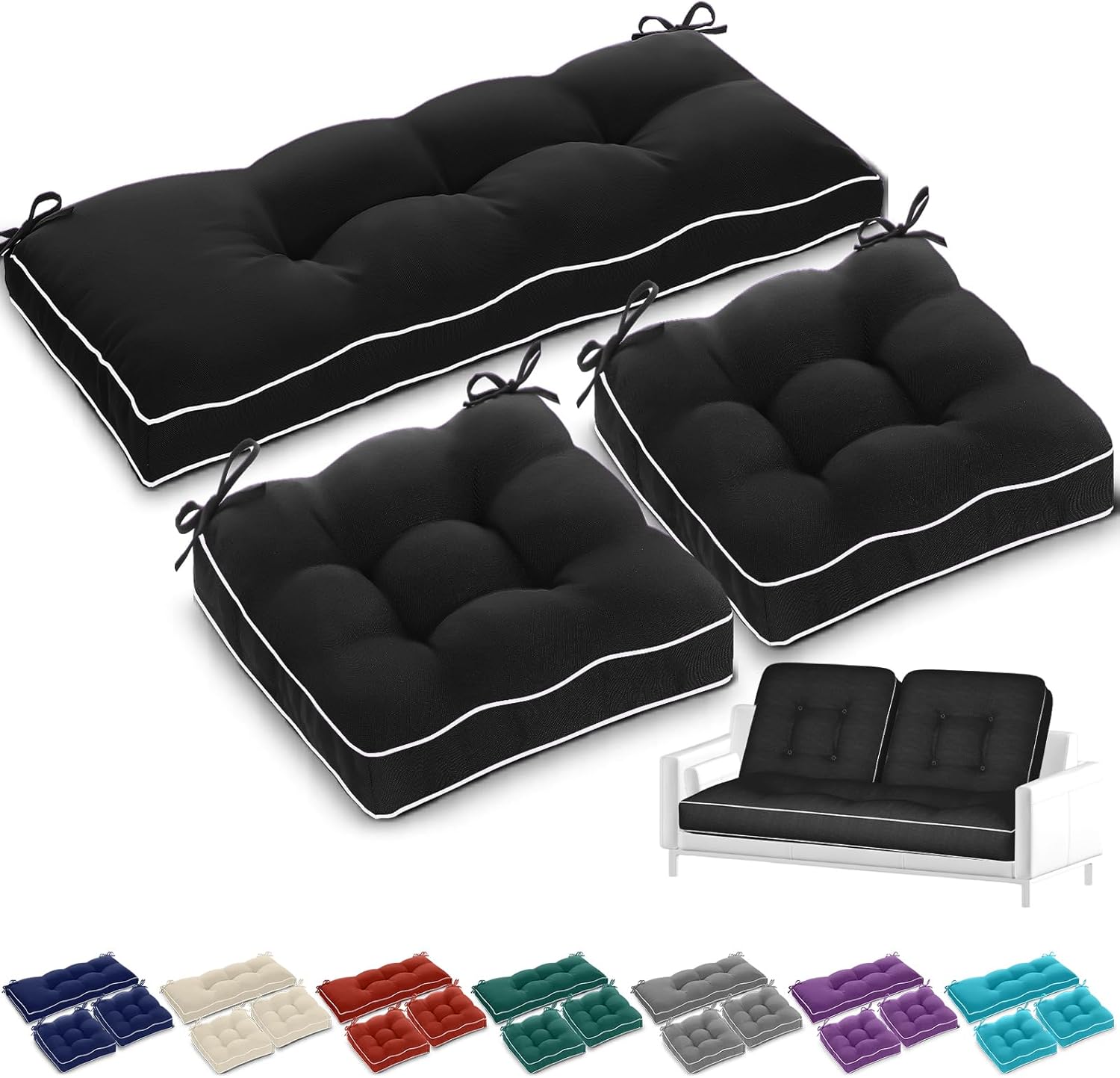 Wenqik 44 x 19 x 4 Inch Outdoor Bench Cushion Set of 3 Waterproof Tufted 1 Patio Loveseat Cushions and 2 Square Chair Seat Pad for Outdoor Furniture Couch Swing Sofa Wicker Settee(Black)