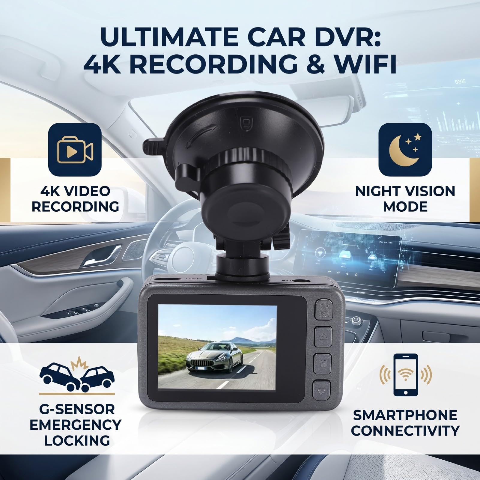 Dash Cam 4K con WiFi Integrato, Registratore Videocamera Cruscotto Anteriore Posteriore, Controllo APP, Visione Notturna, Grandangolo 150°, Sensore G, Registrazione in Loop