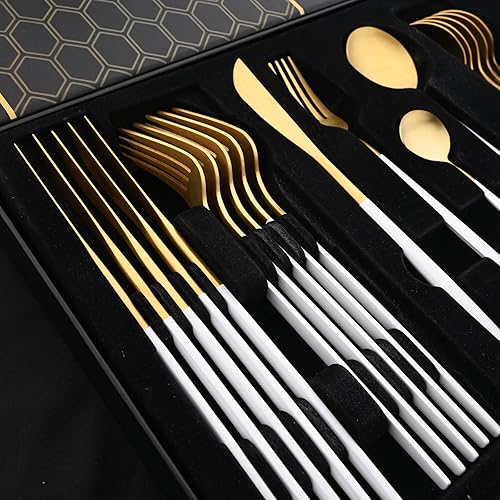 Miniatura 4 de JASHII Juego de cubiertos de 24 piezas, color blanco y dorado, juego de cucharas y tenedores para cuchillos, servicio para 6, con caja premium,