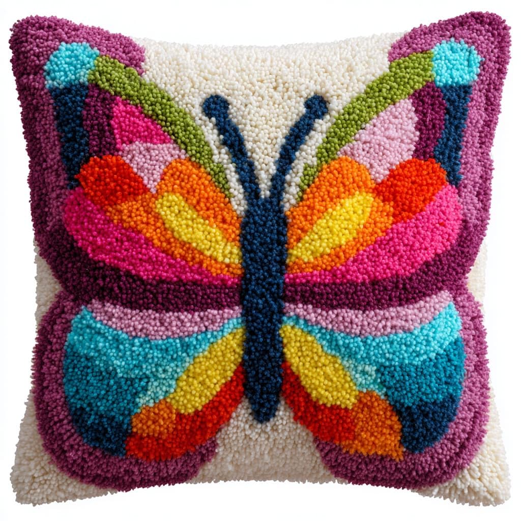 Taxpy DIY Rug Pillow Cover Latch Hook Cushion Kits, Animals Butterfly Needlework Pillow Cover Sofa Cushion Rug Making Kits,17x17inch