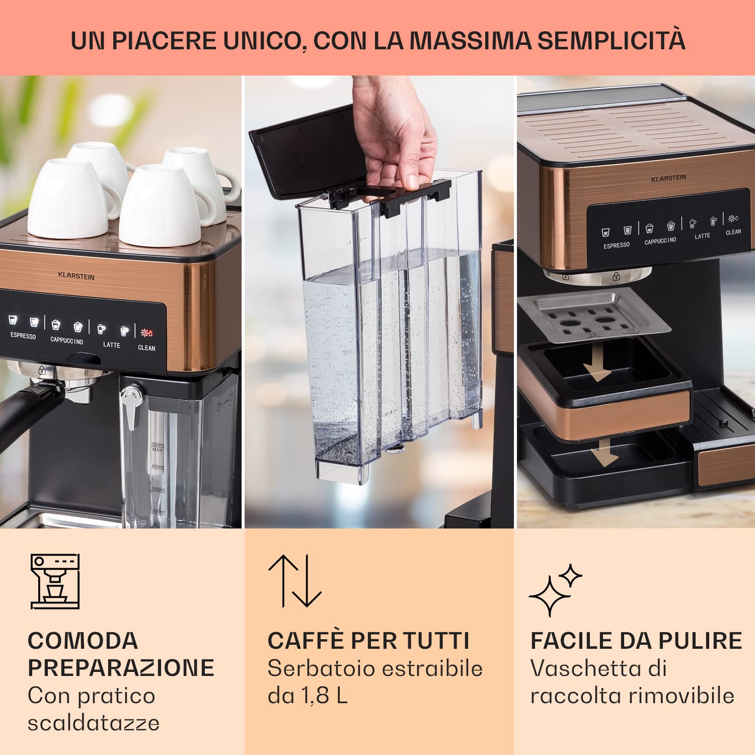 KLARSTEIN Macchinetta Caffe Espresso 1.8L, Macchina da Caffè Freddo, Caffè Macinato e Cappuccino, Macchina Caffe Barista da 20 Bar, In Acciao Inox per Latte e Macchiato, 1350W con Montalatte