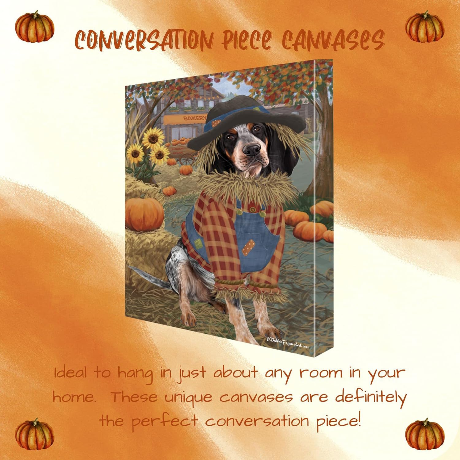 Fall Pumpkin Both with Bluetick Coonhound Dogs Canvas Wall Art - Premium Quality Ready to Hang Room Decor - White Floating Framed 24" x 24"