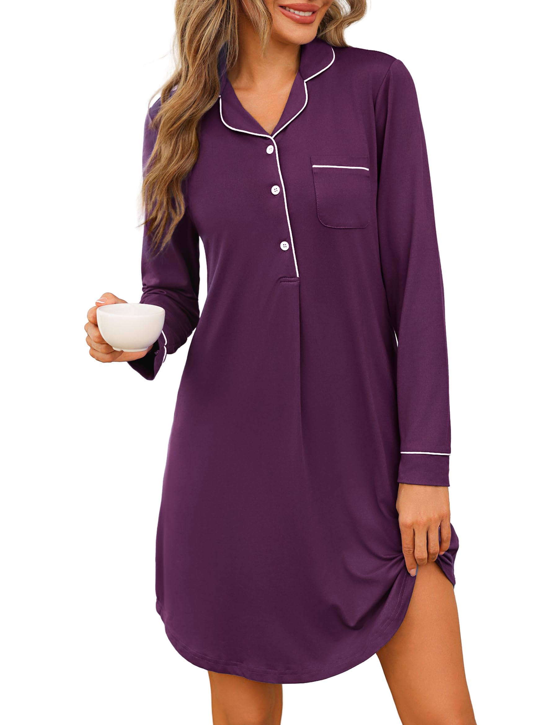 Jahetuul Nachthemd Damen Langarm Baumwolle Nachtwäsche Winter Stillnachthemd Knopfleiste Schlafshirt Hauskleid lang Negligee Schlafkleid Nachthemden