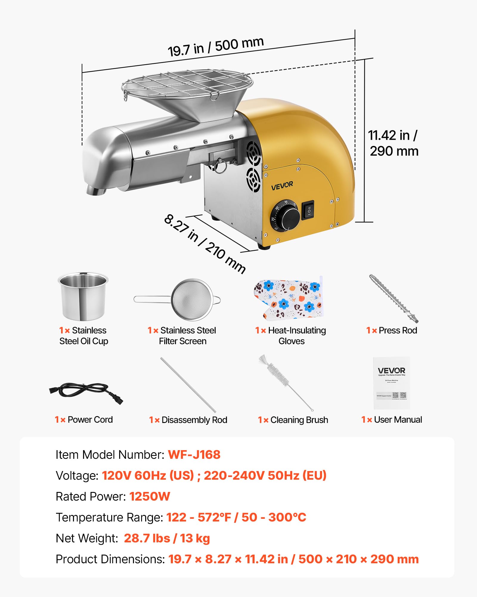 VEVOR Prensa de Aceite Eléctrica 1250 W, Máquina de Prensado de Aceite 5 kg/h, Prensado en Caliente y Frío 50-300 °C, Extractor de Acero Inoxidable, Uso Doméstico y Comercial, para Cacahuetes, Soja