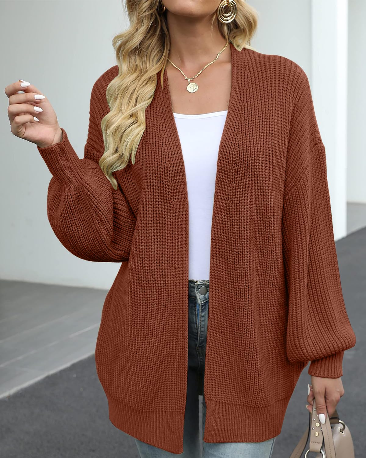 JFAN Cardigan Donna a Manica Lunga Lavorato a Maglia Leggero Sciolto Aperto Maglione Giacca Calda con Tasche per Autunno Inverno