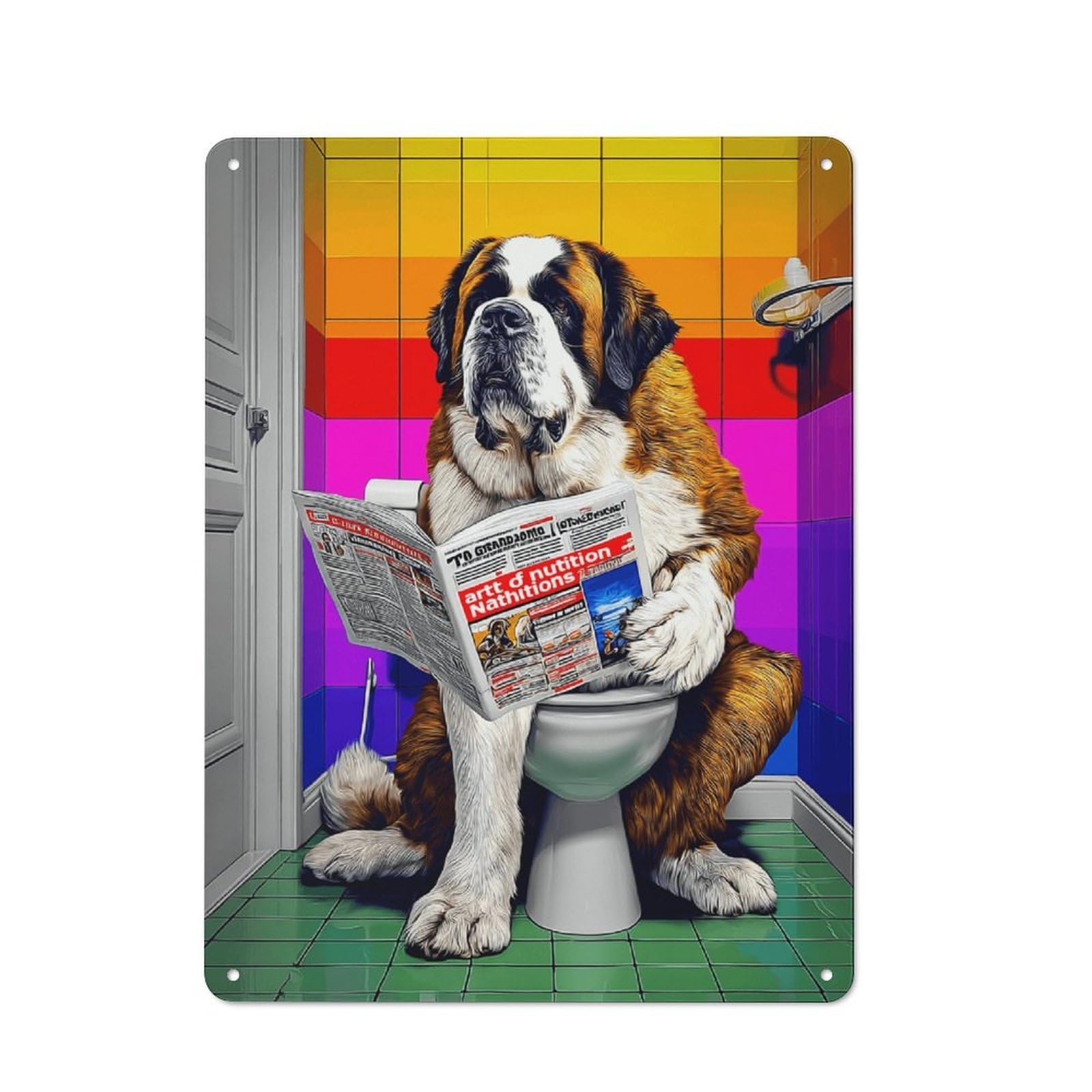 Junmoney Dog Reading Newspaper On Toilet -1 Retro Metal Wall Sign 40X30cm For Studio Or Craft Room, For Metal Sign Collectors, For Garage And Workshop Walls