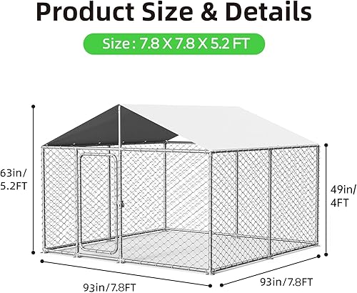 Miniatura 6 de Perrera grande para perros de 7.8 x 7.8 pies, recinto resistente con techo, cubierta resistente a la intemperie y cerradura de seguridad (93 x 93