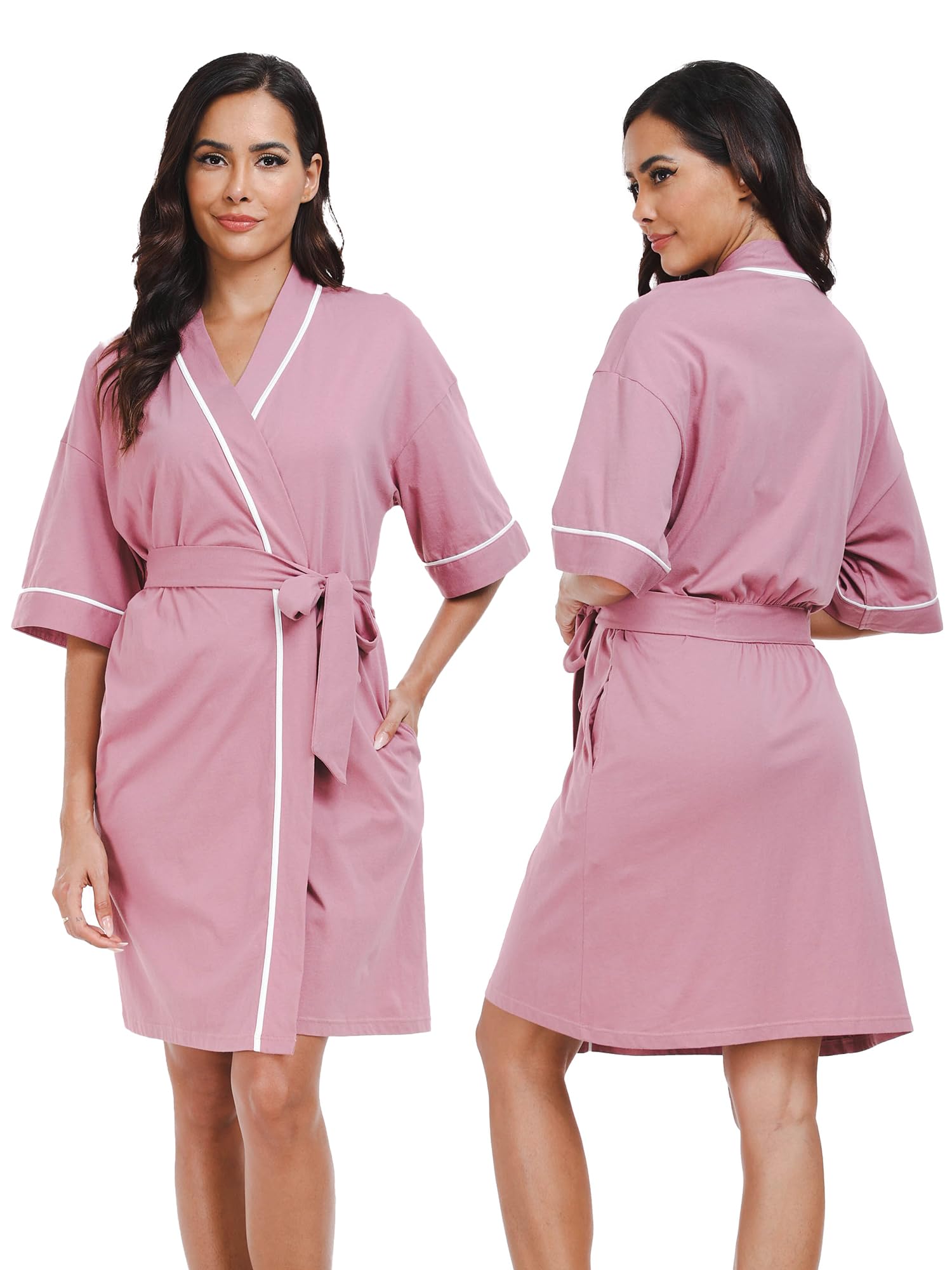 ANLIQI Damen Kurz-Bademantel 100% Baumwolle Sommer Leicht Kimono Bademantel mit Taschen
