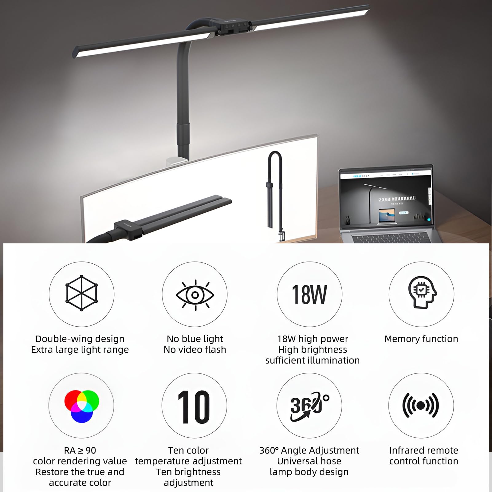 Syfunlv Schreibtischlampe LED Dimmbar,Schreibtischlampe,24W,1200lm Augenschutz Büro Tischlampe, USB Ladefunktion,Doppelkopf Schreibtischlampe Mit Schwenkarm,für Homeoffice