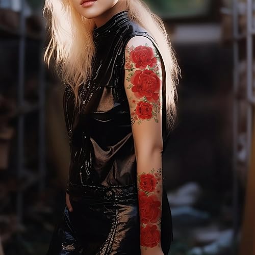 Miniatura 2 de Supperb Tatuajes temporales - Acuarela rosas rojas, tatuajes de peonía roja (juego de 2)