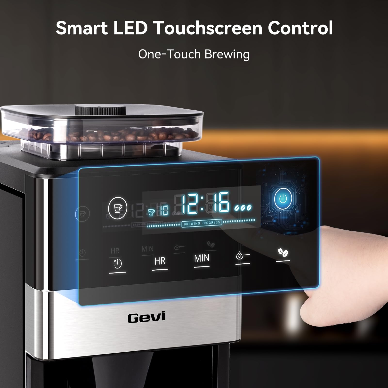 Gevi 10-Cup Grind & Brew Coffee Maker, Touch Screen, Programmable Brew | All-In-One 10-Cup Coffee Maker With Built-In Grinder & Glass Carafe, 90-Min Warm Plate, Reusable Filter, 1.5L Tank