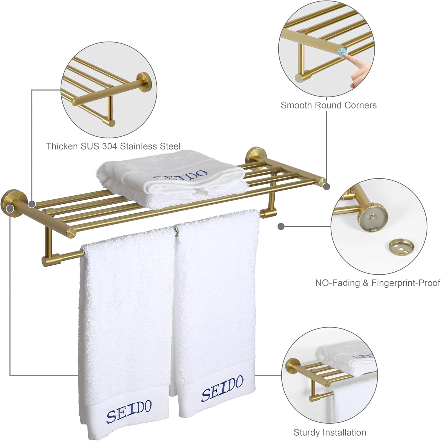 SEIDO 24 Inch Gold Double Towel Rack with Shelf, Brushed Gold Bathroom Shelf with Towel Bar, Wall Mounted 304 Stainless Steel Towel Storage, Hand Towel Holder for Bathroom, Lavatory, Kitchen, Laundry