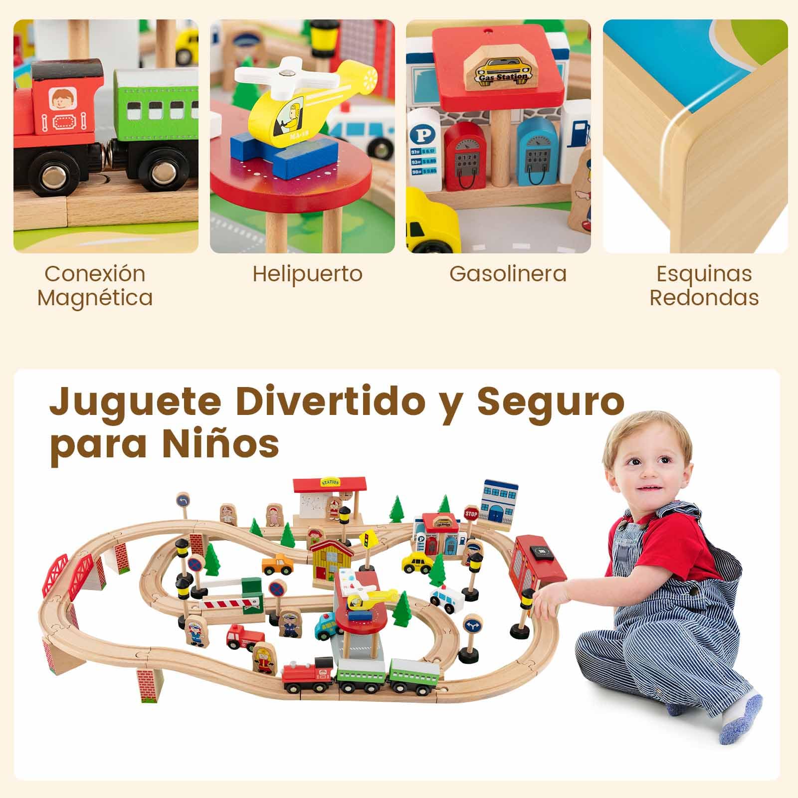 COSTWAY Mesa de Juegos de Tren de Madera, 84 Piezas, Cajón de Almacenamiento, Circuito de Tren de Madera Maciza para Niños y Niñas 3+ Años, 97 x 62,5 x 39,5 cm, Natural (84 Piezas)