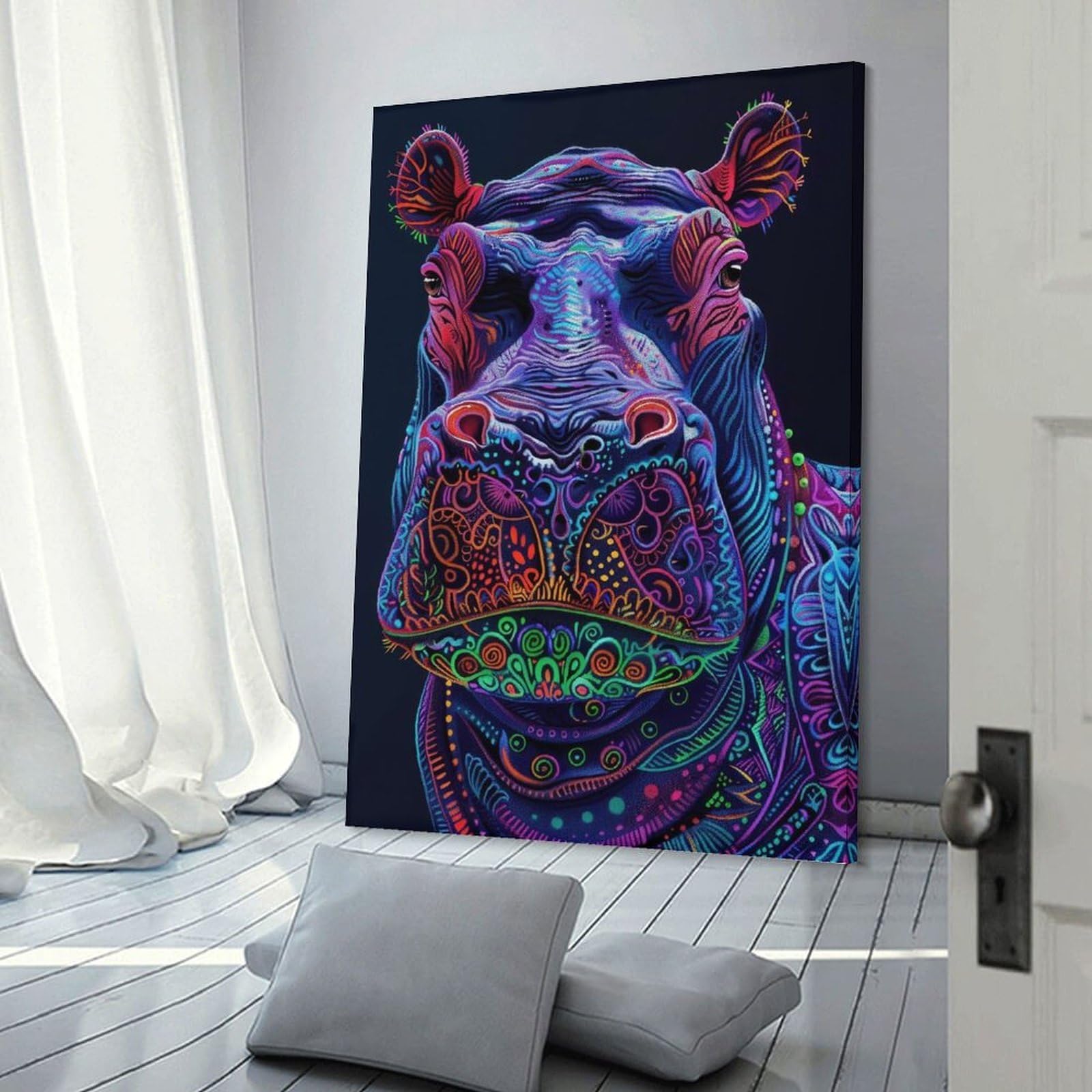 Junmoney Frame-Style-6 Neon Hippopotamus Portrait Room Decor Wall Art 20X30inch(50X75cm), For Entrance Walls, Hall Decor Or Foyers, A Neat Decor Update For Hallways