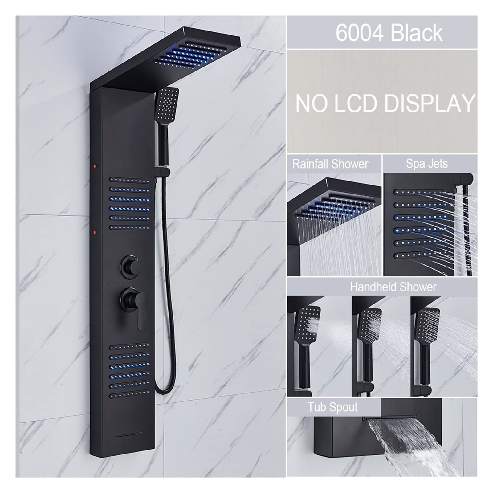 Set di rubinetti for doccia a pioggia a cascata con pannello doccia a LED nero opaco Set di rubinetti for doccia a getto di massaggio SPA Colonna for miscelatore a doppia maniglia Torre(6004 Matte Bla