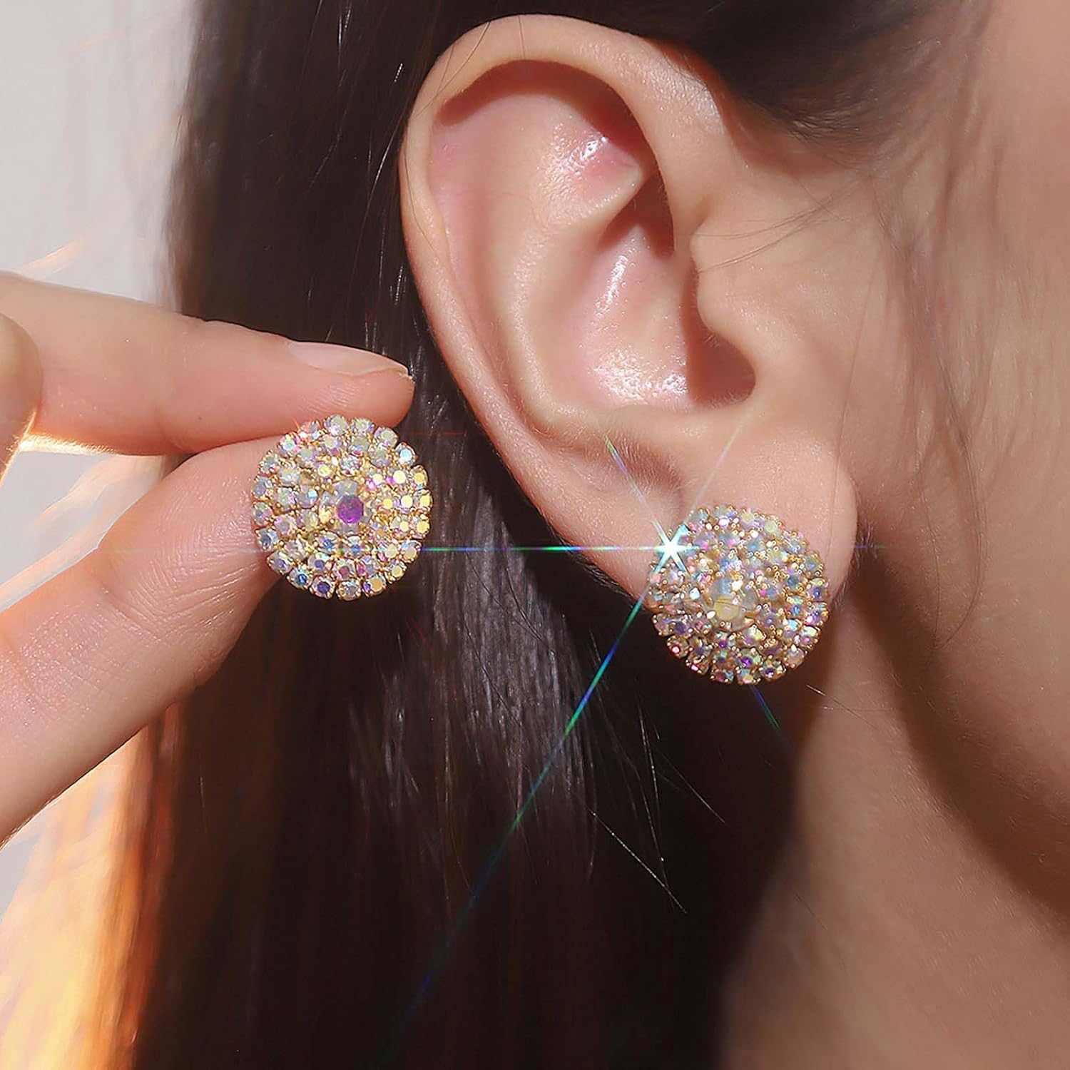 Round Rhinestone Earrings Gold Full Crystal Stud Earrings Cluster Cubic Zirconia Wedding Earrings Sparkly Colorful Rhinestone Earrings CZ Circle Glitter Earrings Earrings Jewelry for Women - Image 6