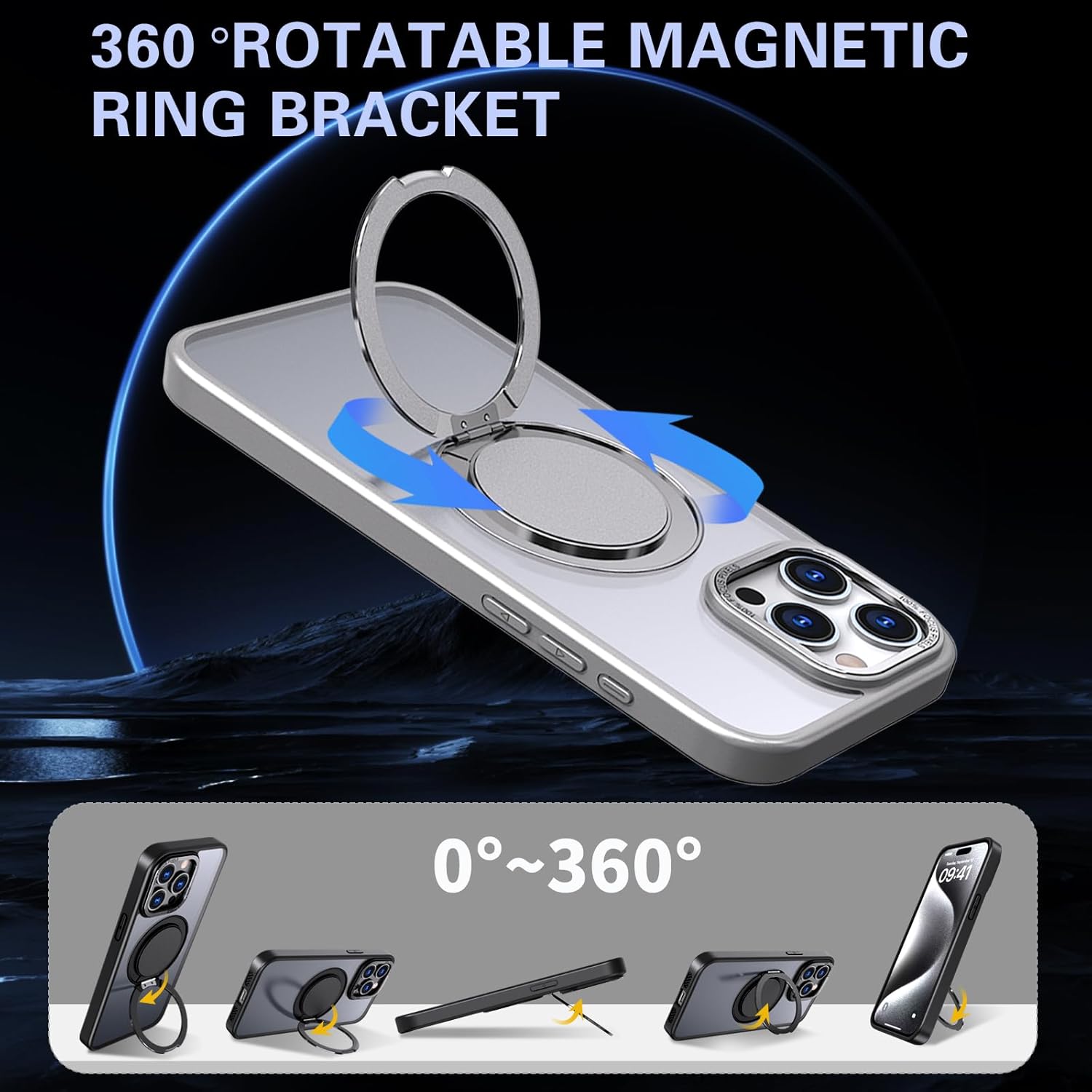 IYH 360° Rotatable Magnetic Case for iPhone 16 Pro Max, Military-Grade Shockproof Phone Cover with Matte Translucent Back(Gray) - Image 4