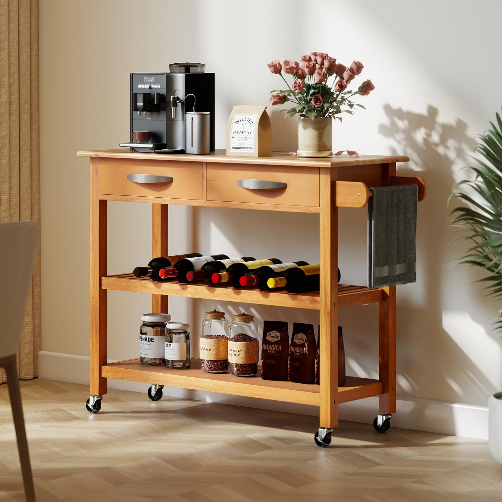 COSTWAY Isla de Cocina con Almacenamiento, Carrito Auxiliar de 3 Niveles con 4 Ruedas, con Encimera de Madera, 2 Cajones, 2 Estantes Abiertos y Asa Lateral, Carro de Servicio para Comedor (Natural)
