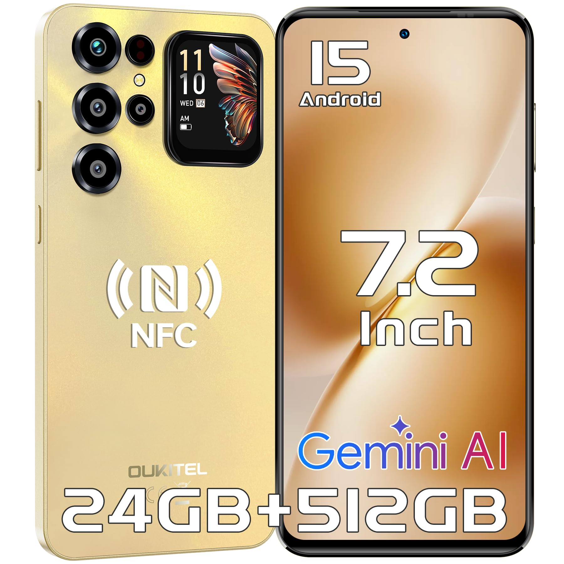 OUKITEL C68 Plus Smartphone, 7.2" 120Hz & 1.81" Rear Display Cellulare, 24GB+512GB/1TB Telefono Cellulare, 6000mAh Smartphone Android 15, 64MP Telefoni, NFC/Dual SIM/Face ID/Fingerprint/OTG, Oro