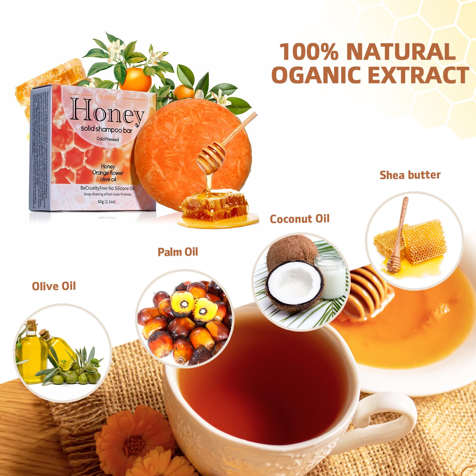 Shampoo Bar Conditioner for Hair Growth Cleanse Moisturize Nourish Strengthen Handcrafted Soap Safe Hair Care For Unisex All Hair Types Plastic-Free 60g (Honey) - Image 2