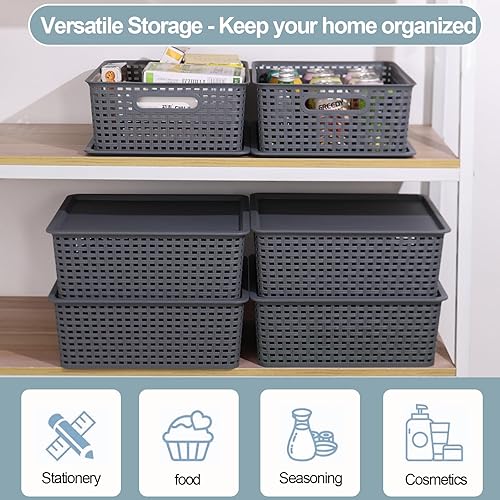 Miniatura 4 de Paquete de 6 cestas de plástico con tapas, cestas de almacenamiento para organizar armario, despensa, oficina, color gris