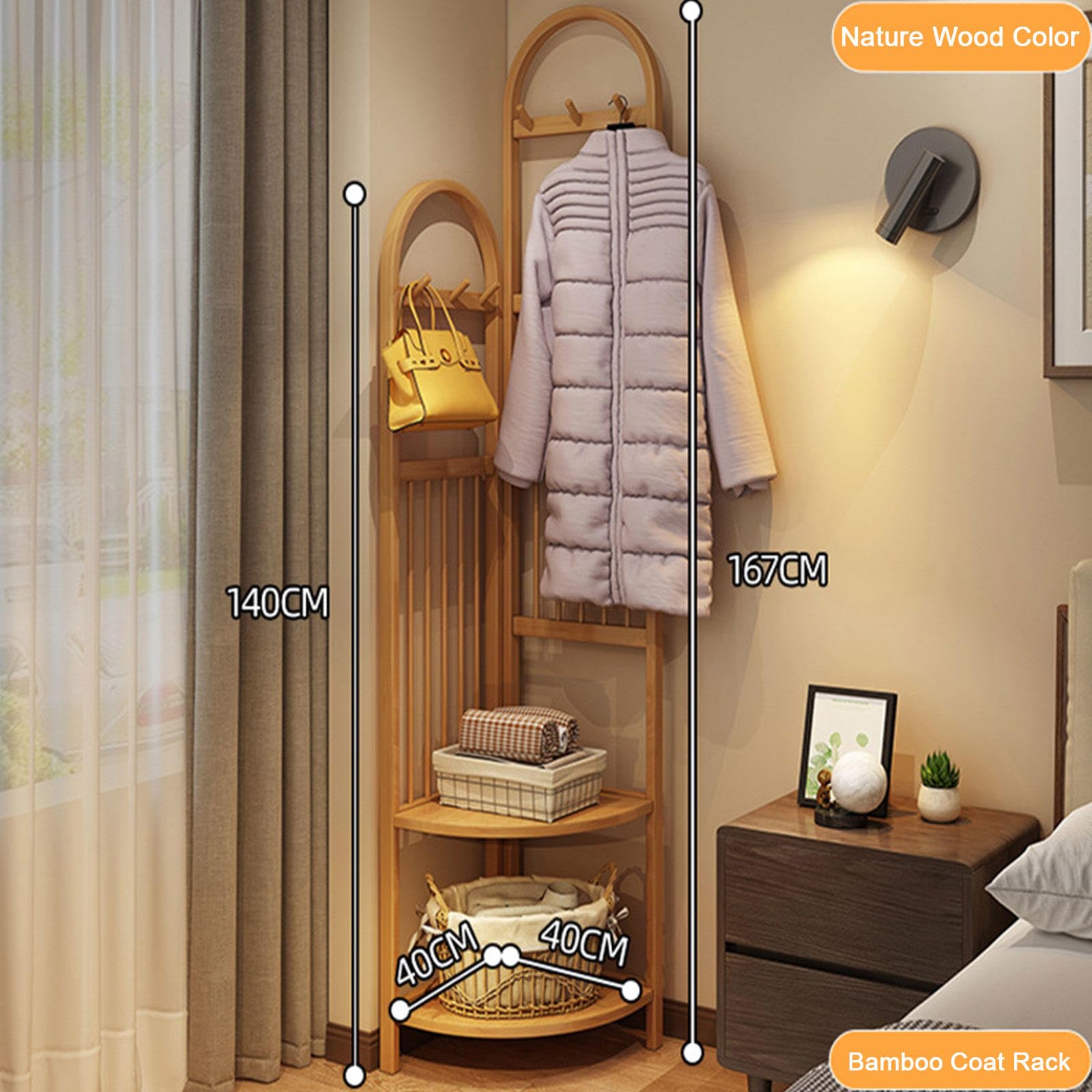 Scaffali Appendiabiti Appendiabiti, Appendiabiti in bambù con ripiano, Appendiabiti da ingresso, Appendiabiti ad angolo da terra con 6 ganci per cappelli, Borse per vestiti, Scarpe, Colore noce,
