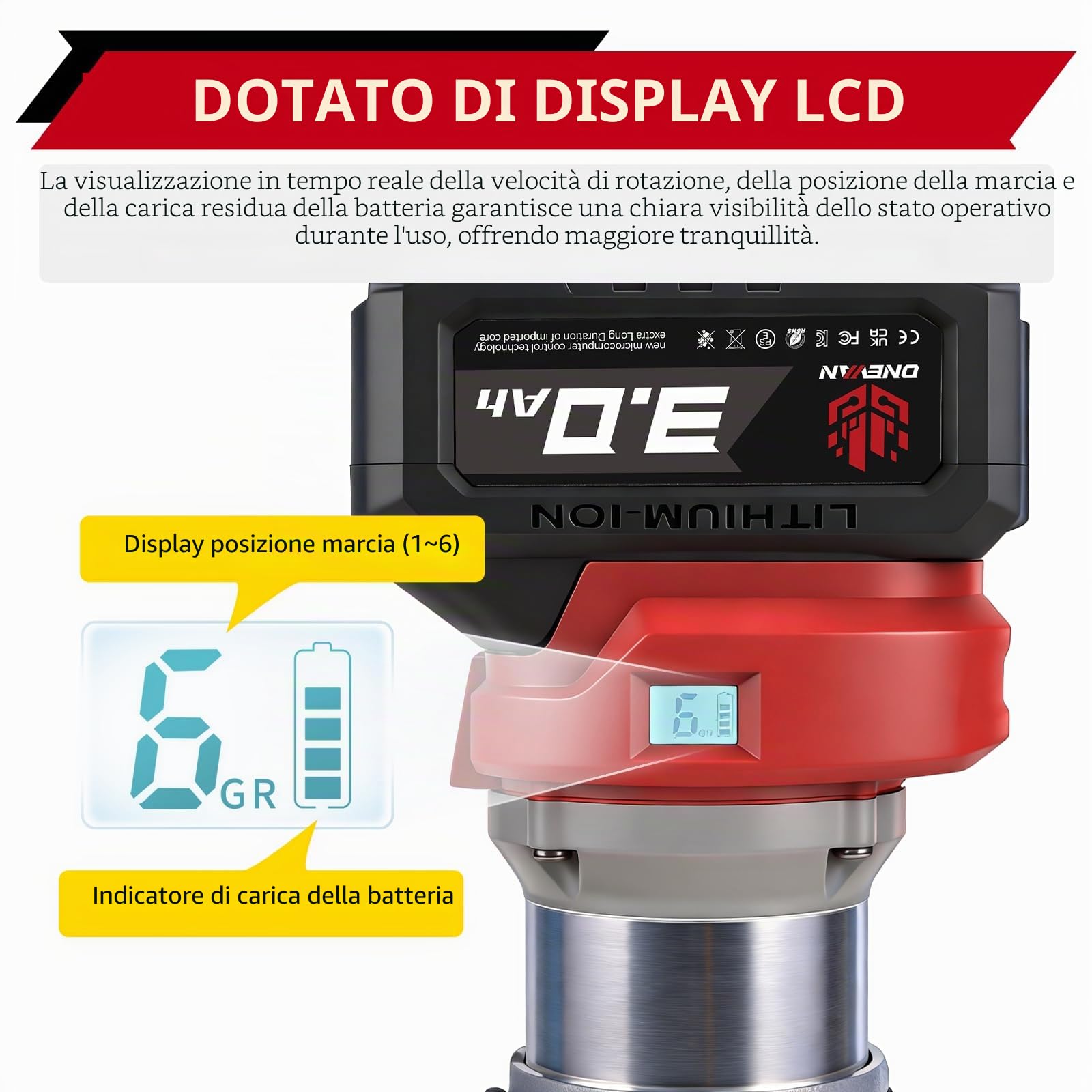 ONEVAN Fresatrice batteria, profondità 30mm, con 3 pinze e 2x 3,0Ah | 6 velocità, brushless, display digitale, pinze 6/6,35/8 mm, collegabile all'aspiratore [produzione di mobili] [fai-da-te]