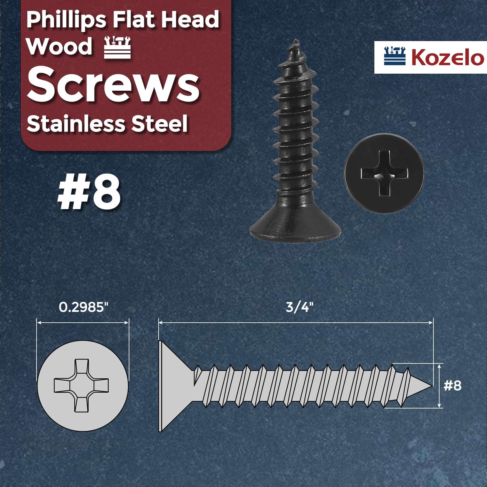Kozelo 200pcs Phillips Flat Head Wood Screws - Image 2