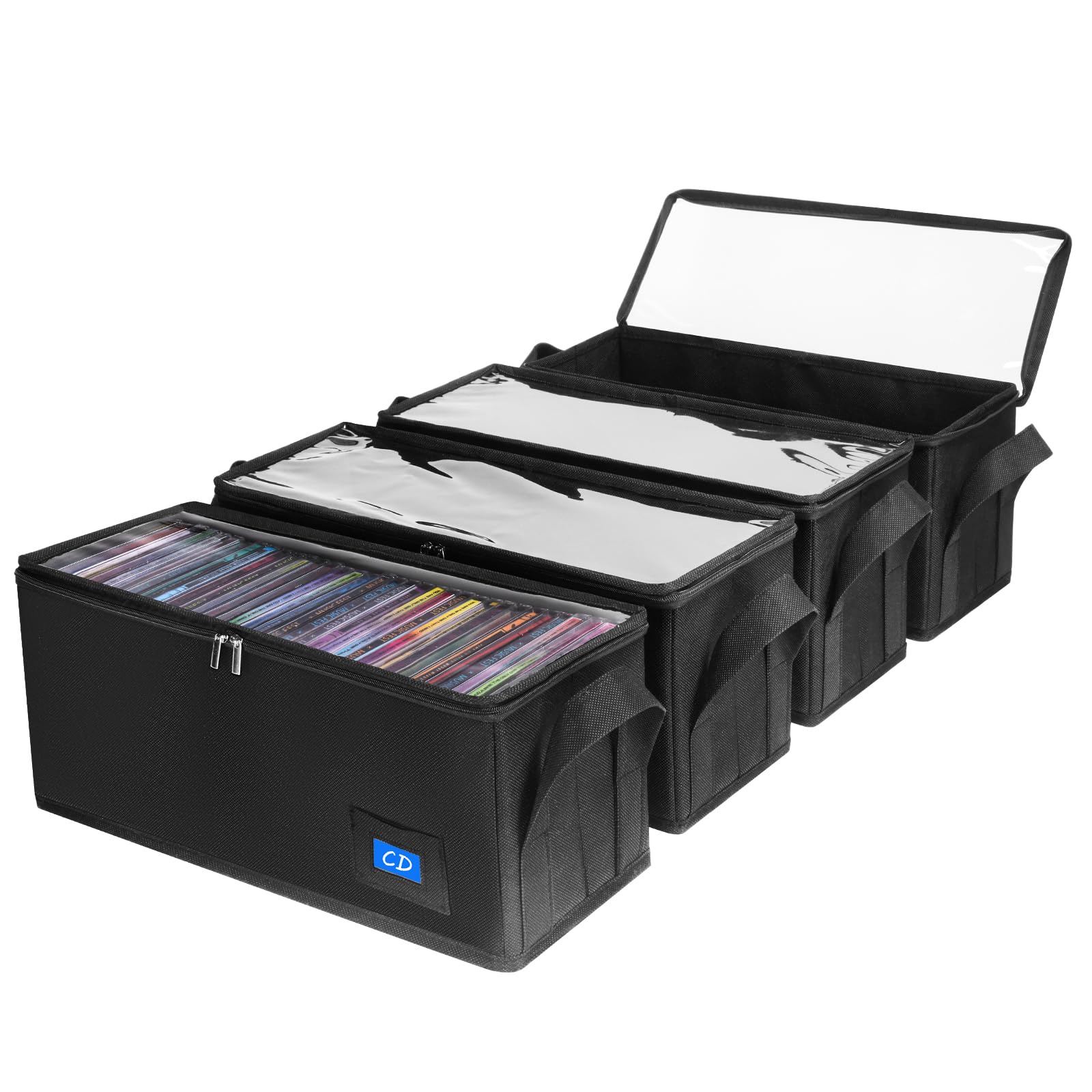 BOATISLE CD Case Holder with Handles and Clear Lid, 4-Pack Black CD Storage Box with Label Slots, Portable Organizer for Media Collection