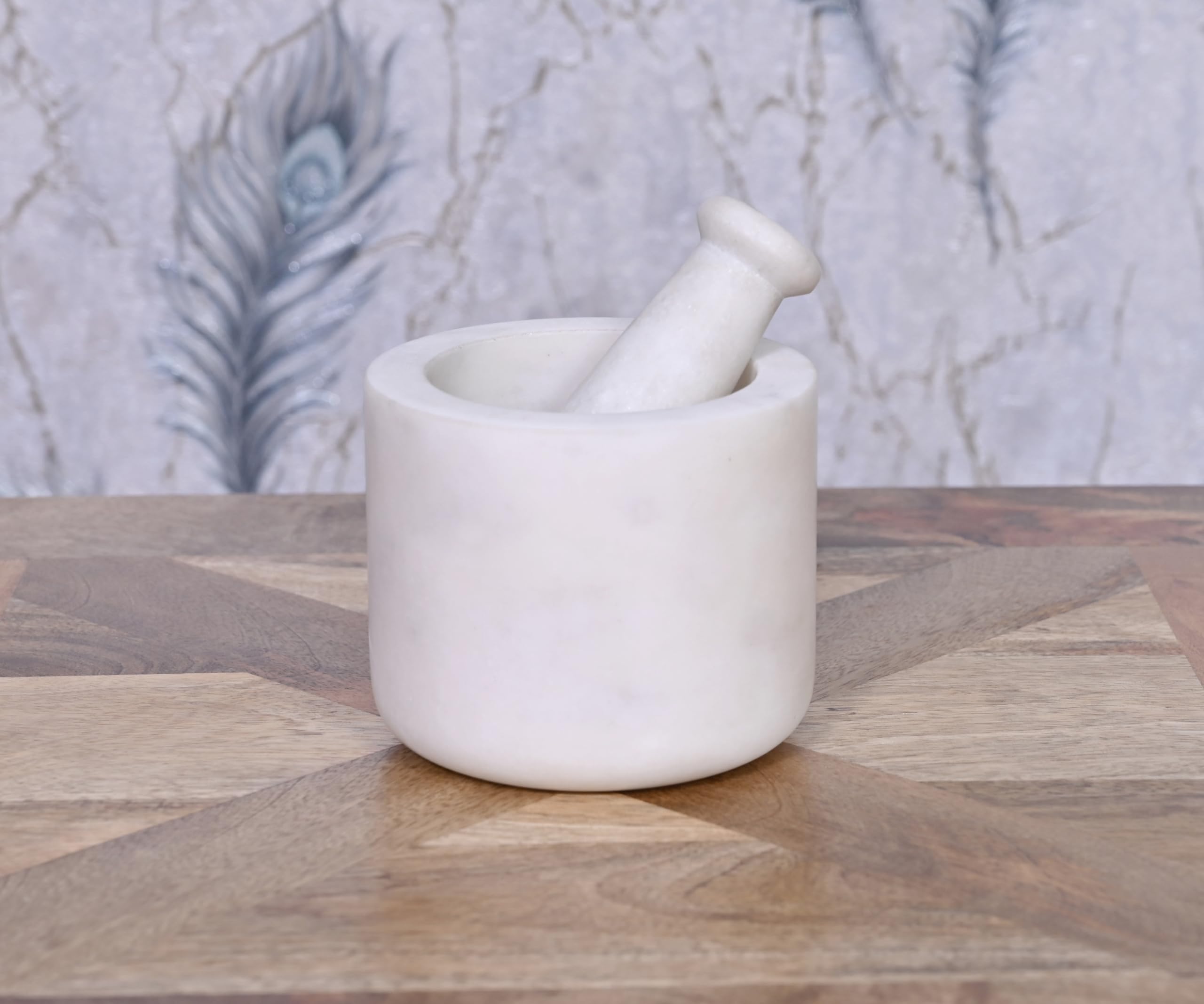 Gran mortero y mortero de mármol blanco natural artesanal hecho a mano - (Blanco, 13cm)