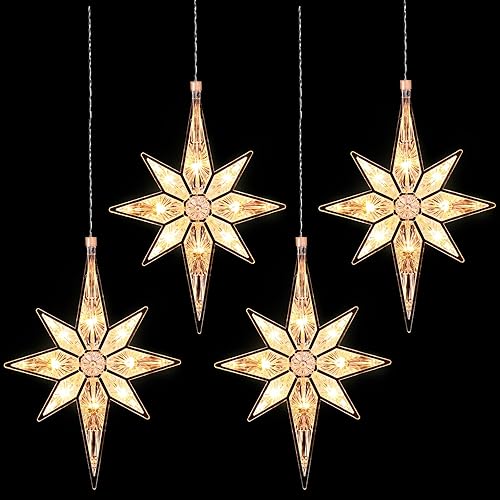 Mudder 4 luces de estrella de Navidad de 10.8 pulgadas, decoración de árbol de estrella iluminada de plástico, estrellas colgantes grandes, luces