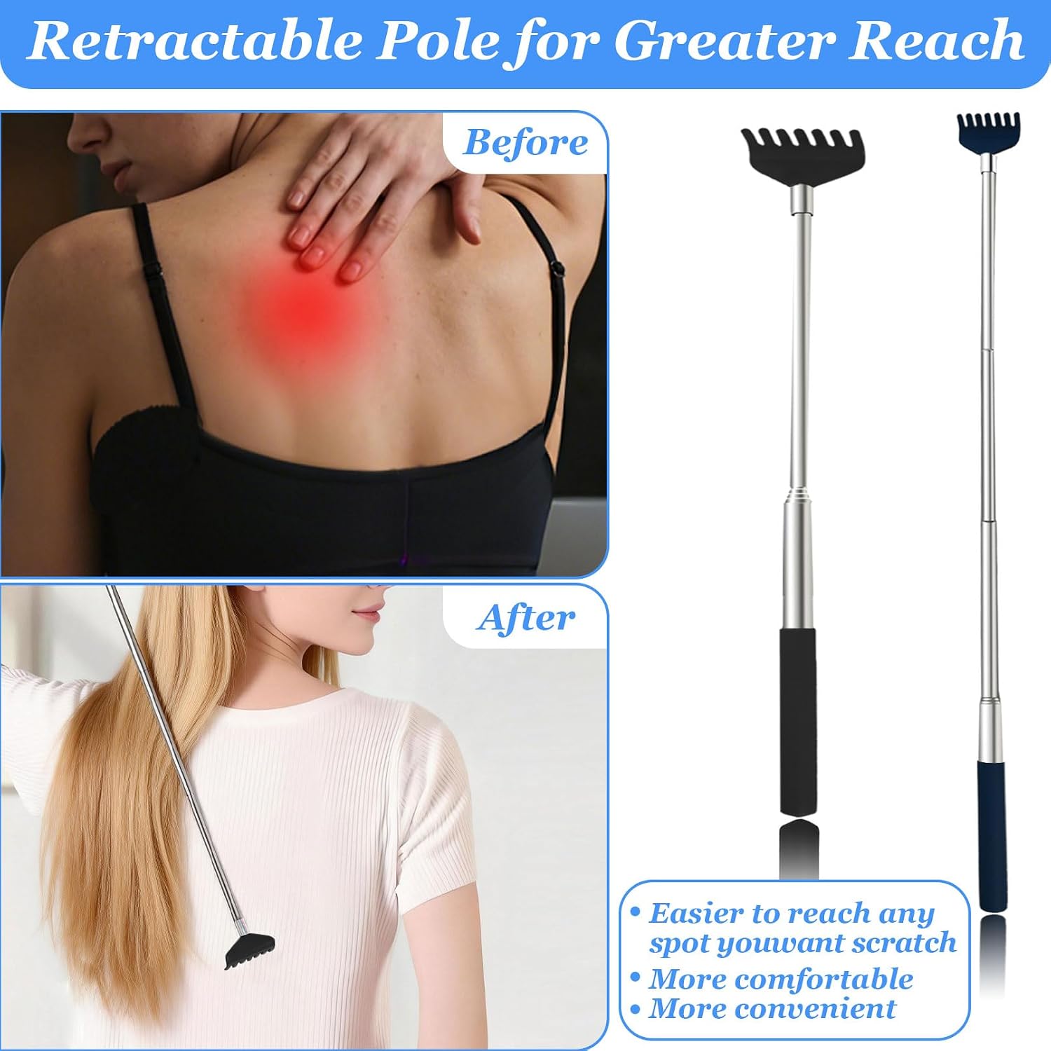 12 Pcs Extendable Portable Back Scratchers,Telescoping Metal Stainless Scratcher with Rubber Handle for Men Women with 1 Pcs Drawstring Storage Bag is Included,6 Colors,2 of Each Color