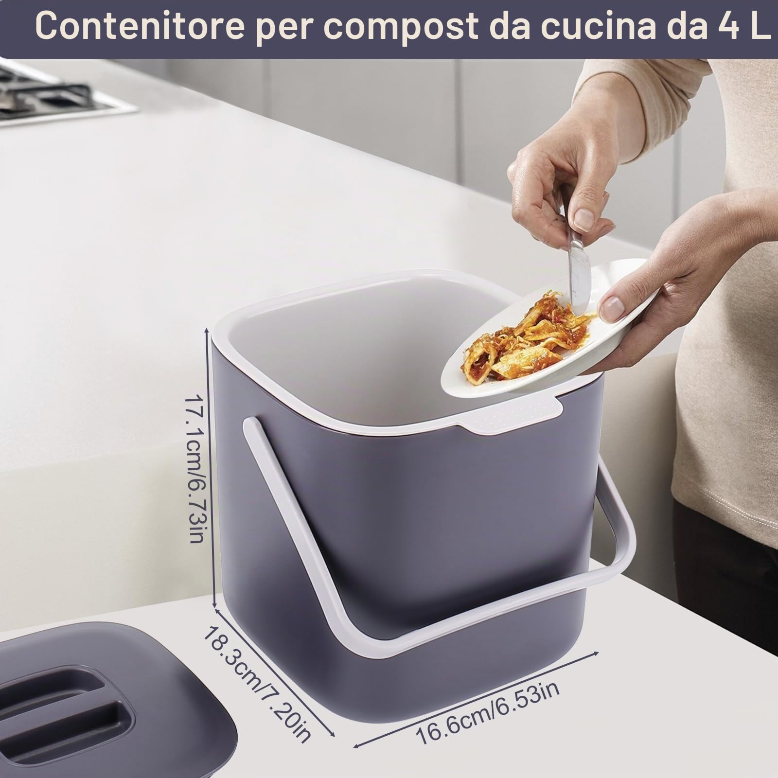 Pattumiera biologica da cucina 4 litri per rifiuti biologici quotidiani con coperchio, antiodori, inserto interno rimovibile, facile da pulire (viola chiaro)