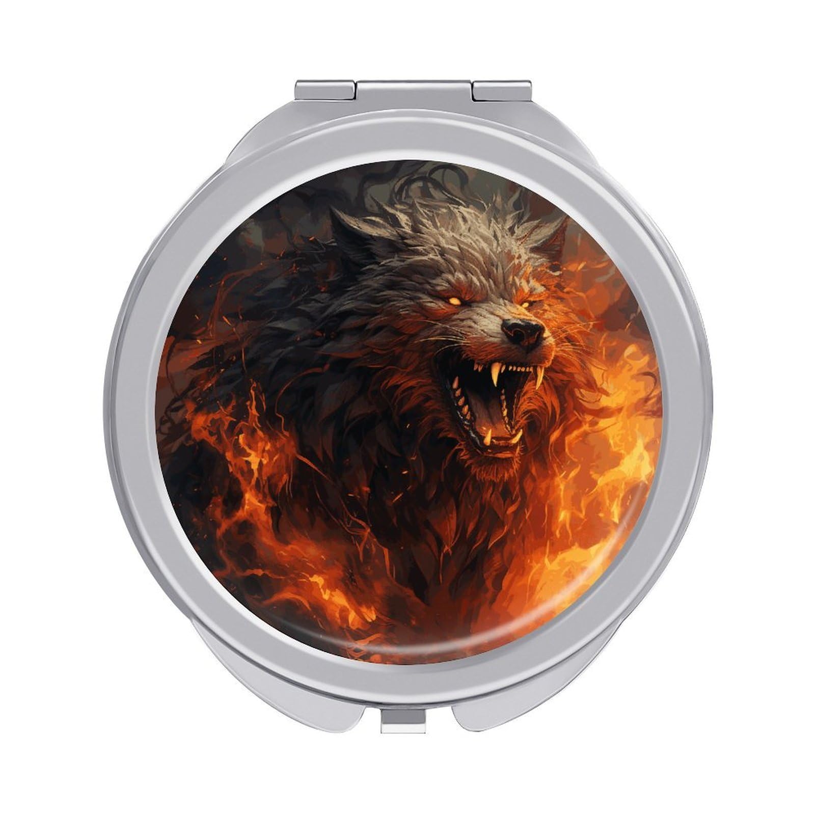 FekiLoot Wild Wolf in The Fire Travel Makeup Mirror for Women Folding Portable Hand Compact Mirrors Small Round Vanity Mirror 1X/2X Magnifying Metal Pocket Makeup Mirrors