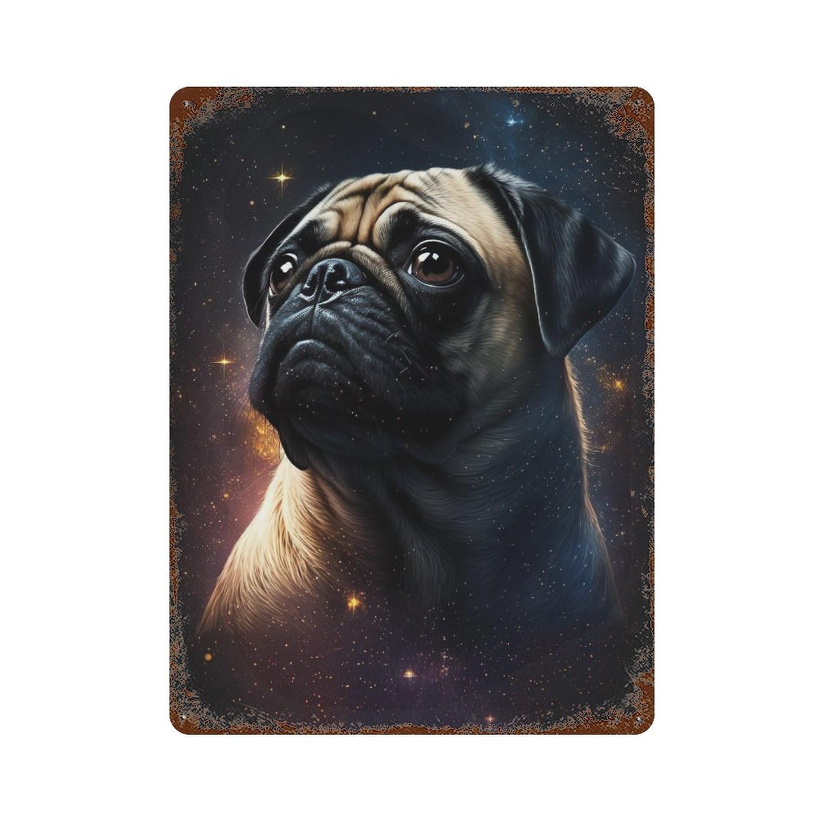 Galactic Pug Portrait -2 15.7"x11.8" Weathered Tin Sign, Shabby Chic Decor for Farmhouse, Kitchen And Entryway Decor