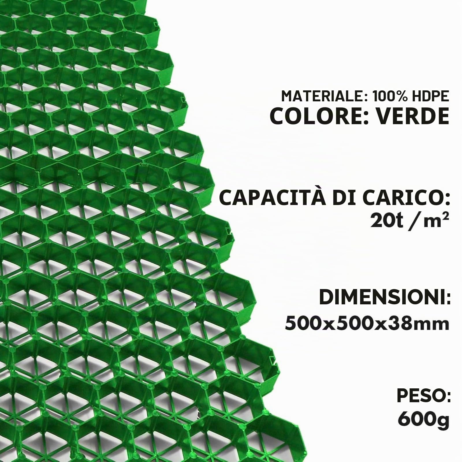 Floordirekt Griglia per prato in plastica, 1 m² – 4 pezzi – 50 x 50 cm, verde – griglia da pavimento, piastra paddock, a nido d'ape per prato