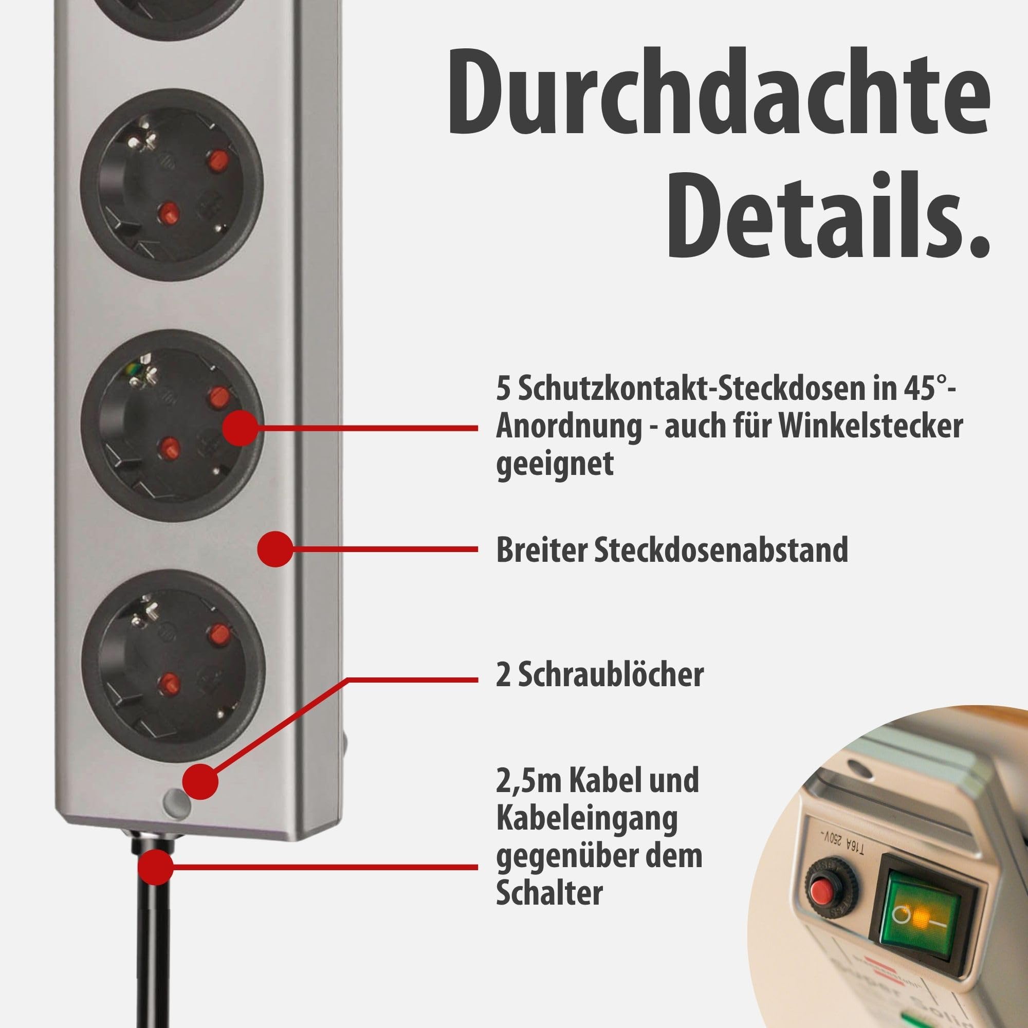 Brennenstuhl Super-Solid regleta de 5 enchufes con protección contra sobretensiones (regleta eléctrica con Cable de 2,5m e Interruptor - de policarbonato Resistente a la Rotura) Plata
