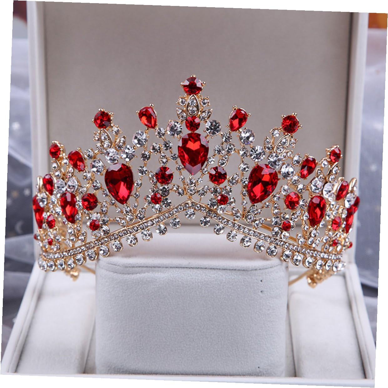 Baroque Style Bridal Crown with Red Rhinestones, Bridal Headpiece Wedding Hair Accessory for Bride, Elegant Crystal Tiaras and Crowns for Wedding Party