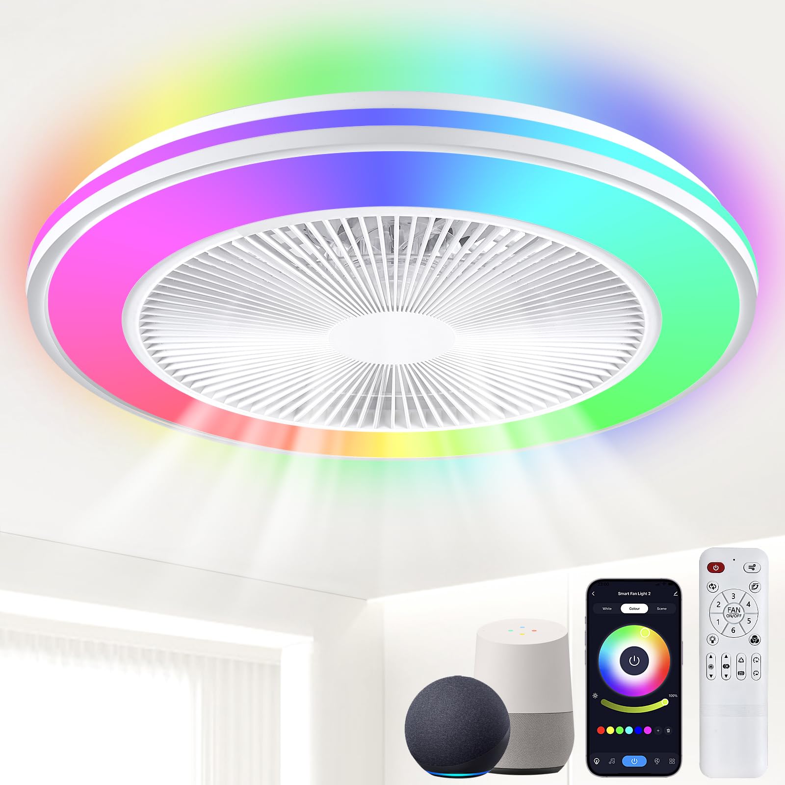Smart WiFi&Bluetooth RGB Ceiling Fans with Lights and Remote,20"low profile ceiling fan with light,Compatible with Alexa,Google Assistant,App Control Color Changing LED,3000K-6000K,6 adjustable speed