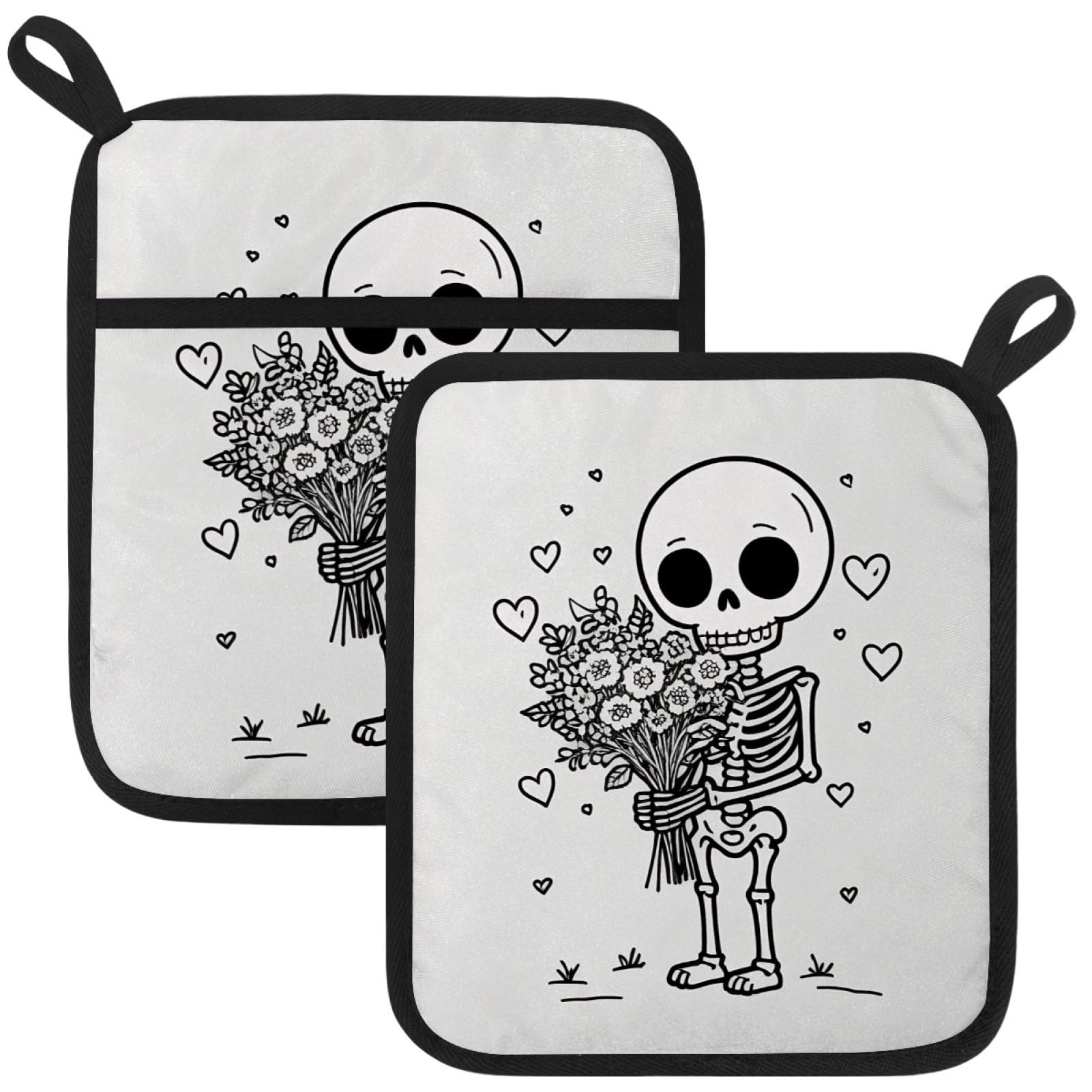 VAPOKF Skeleton Flowers Heat Resistant Pot Holders, Thick Pot Holders Pad with Hanging Loop for Kitchen, Oven Cloth Pads for Kitchen Baking Microwave Oven