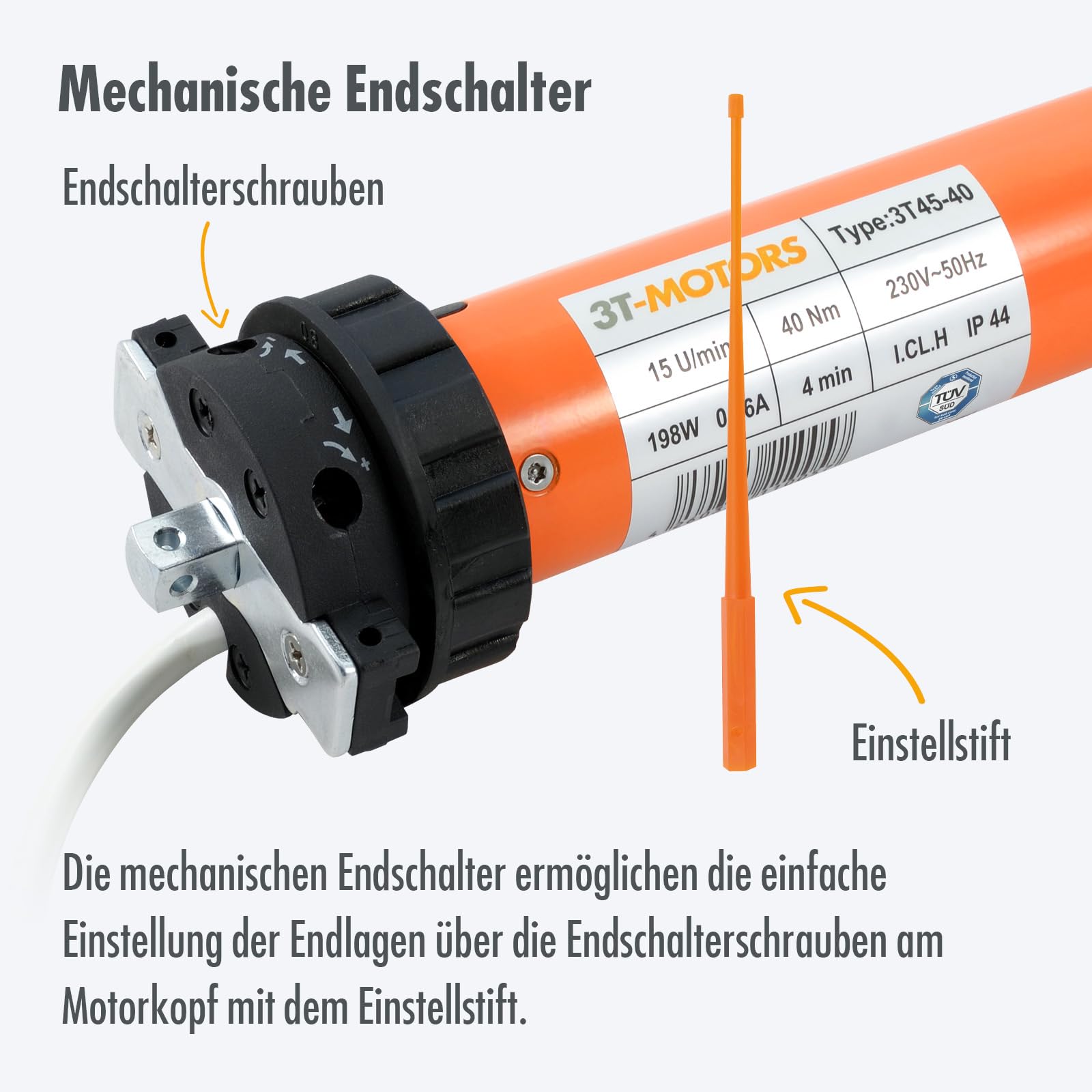 3T-MOTORS Markisenmotor 3T45-40 (Zugkraft 40 Nm/80 kg) für 78 mm Markisenwelle, zum Nachrüsten bei Markisen bis 5 m Ausladung, einfache Montage mit Zubehör, Markisenantrieb Baumarkt