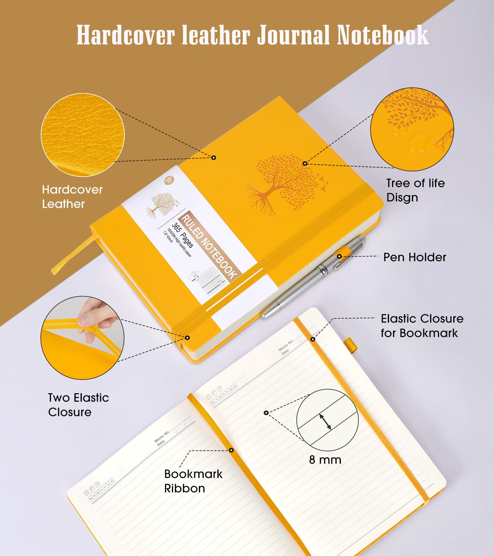 Taccuino a righe, 365 pagine, B5, per scrivere a righe universitarie, diario in pelle con copertina rigida per donne e uomini, quaderno quotidiano per lavoro, prendere appunti, carta spessa 100 g/m²