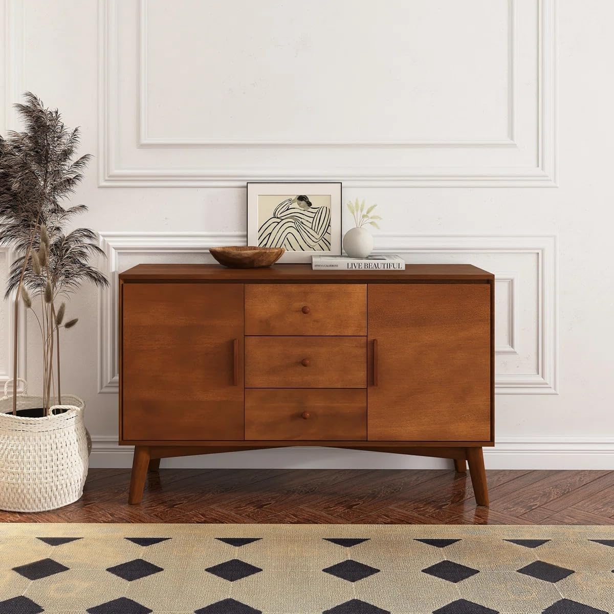 Willa Wood Mid-Century Modern Sideboard Cabinet, Walnut Finish, 2 Doors with 3 Drawers, Solid Wood, 120W x 75H x 40D cm-image-12