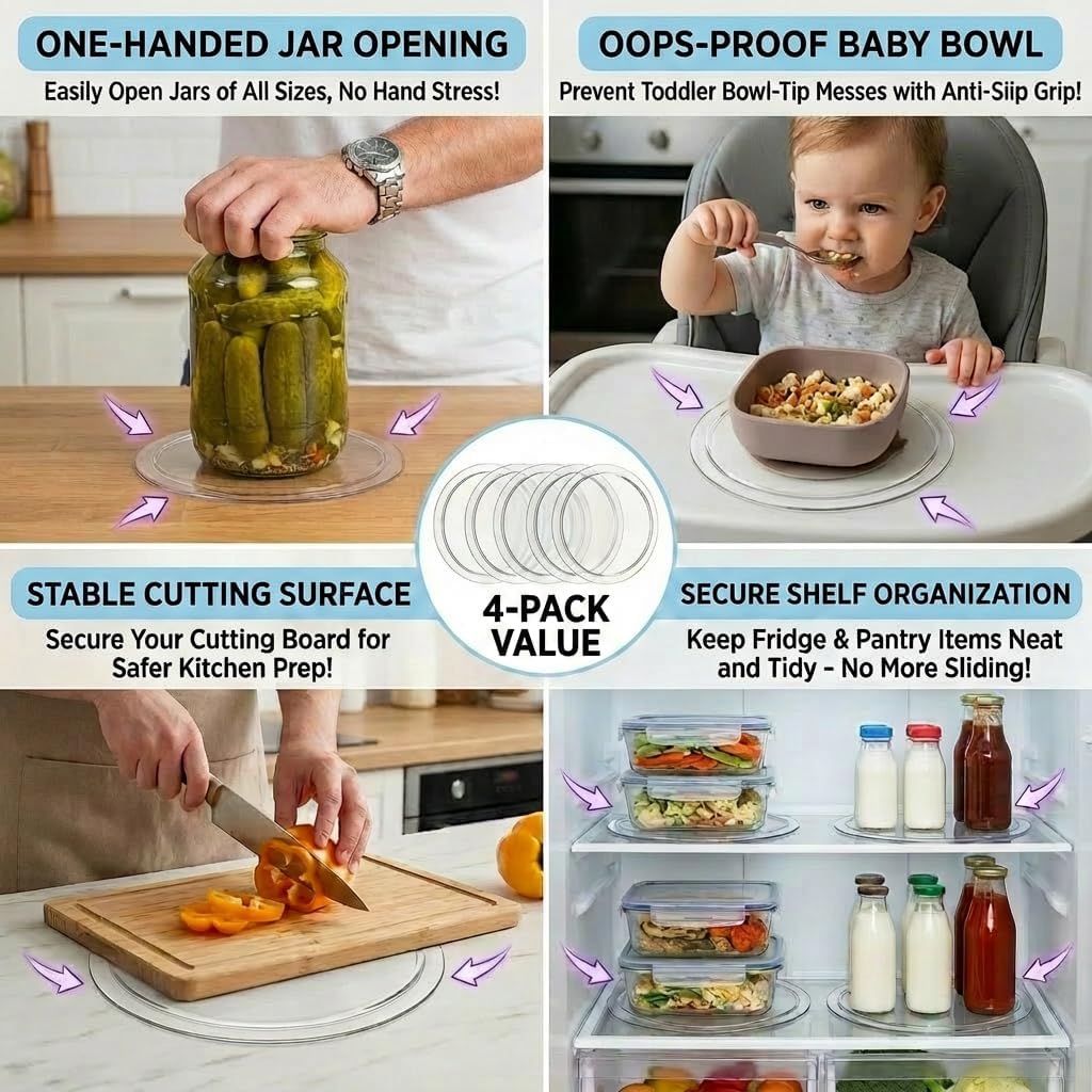 One Handed Jar Opener Non Slip Grip Mats 4 Pack, Adaptive Kitchen Tools for Weak Hands Arthritis Seniors and Stroke Recovery, Anti Slip Pads for Opening Jars Bottles Mixing Bowls and Securing Items