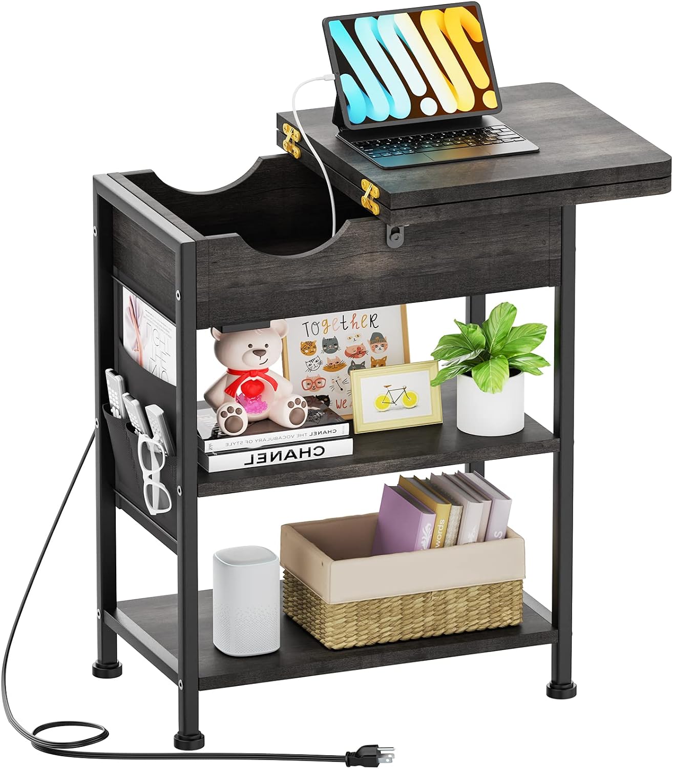 TARKARI Small End Table with Charging Station - Side Table with USB Ports and outlets with Storage Gray-Black Narrow Night Stand Bedroom Side Tables Living Room