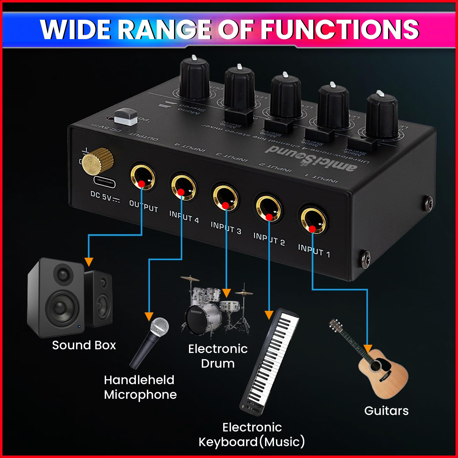 amiciSound Mini Audio Mixer – Ultra Low-Noise 4-Channel Stereo Line Mixer | 5V DC Type-C Powered | Independent Volume Control | Compact & Versatile Sub-Mixing for Guitar, Keyboard, Bass, Drum Sets - Image 4 thumbnail
