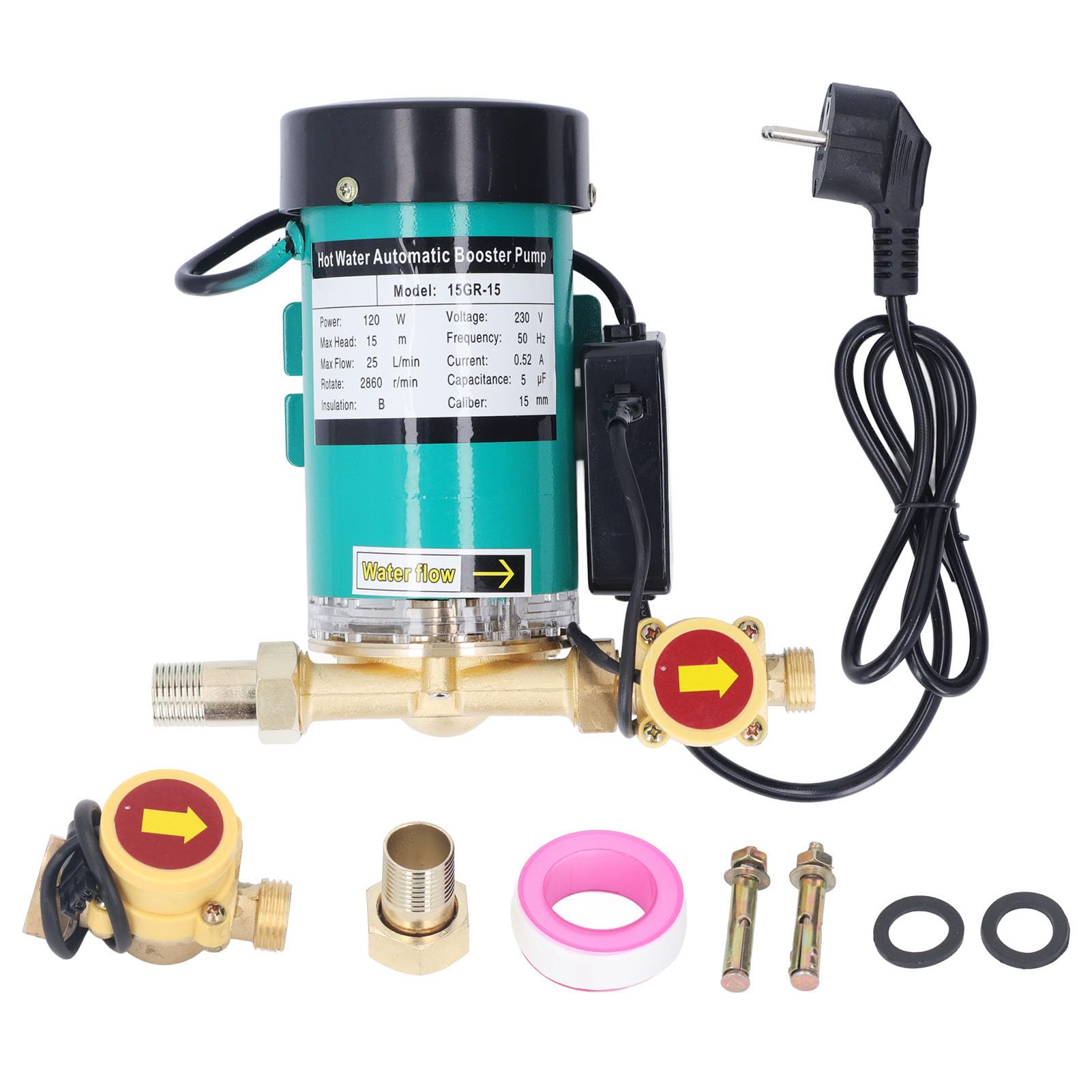 FTVOGUE Bomba Elevadora de Presión de Agua Automática, Bomba de Latón de 120W, 25L/min, 49 Pies, con Ventilador de Disipación de Calor para Calentador de Agua Solar Doméstico