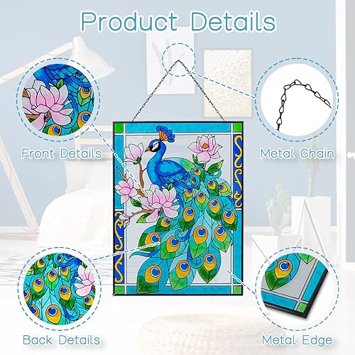 Miniatura 5 de Pavo real para colgar en la ventana, 11 pulgadas de ancho x 15 pulgadas de alto, panel de vitral con cadena, atrapasoles para decoración colgante de