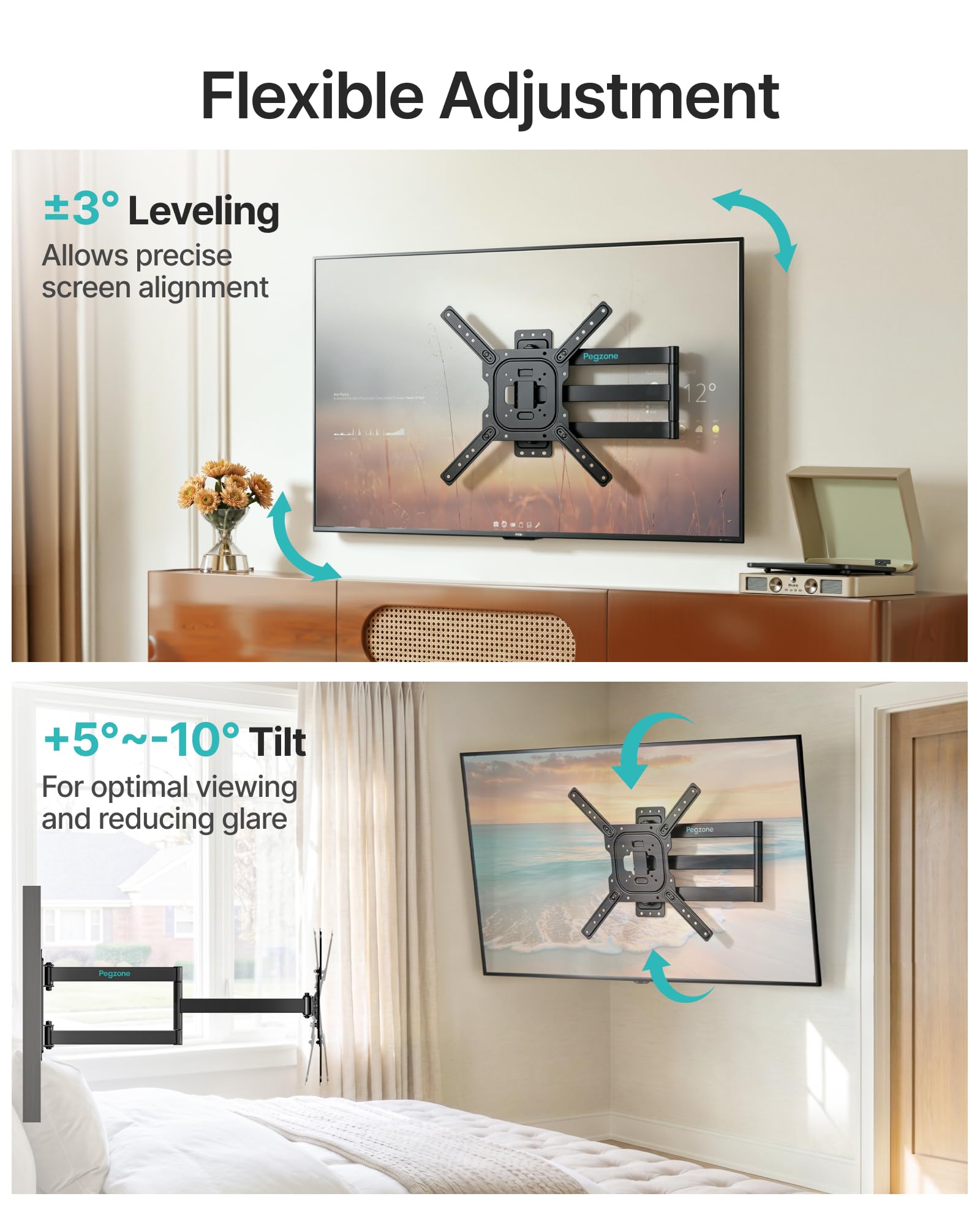 PEGZONE Supporto da parete per TV a maniche lunghe, 63-792 mm, per TV da 23-75", fino a 50 kg, max. VESA 400 x 400 mm, orientabile